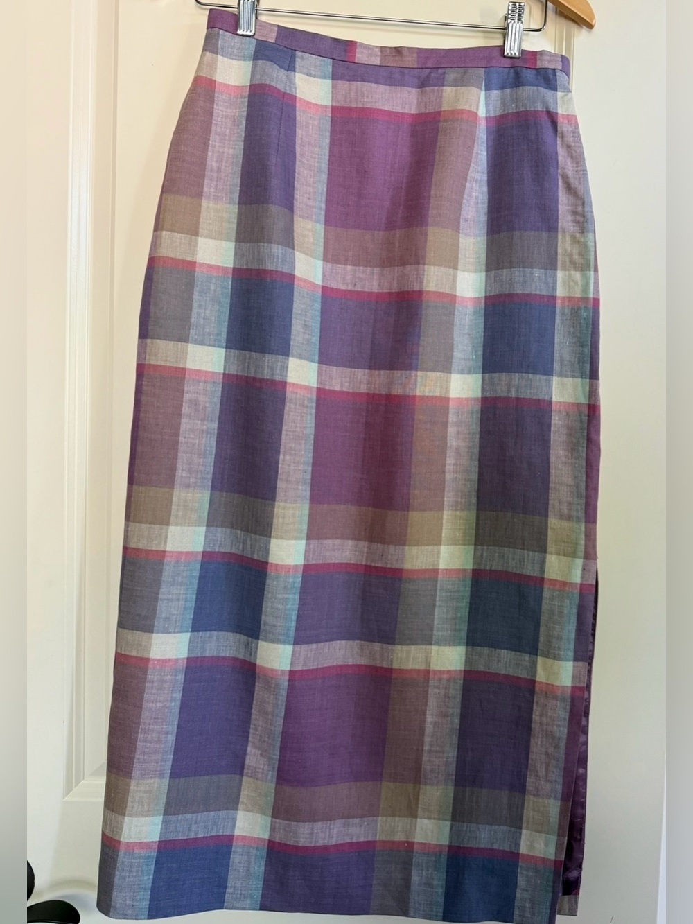 Plaid Pure Linen Sz 10P Midi Skirt in Purple & Blue,Professional Retro Old Money